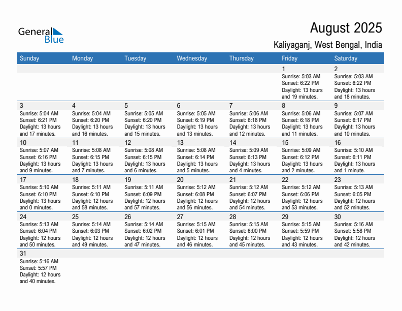 Kaliyaganj August 2025 sunrise and sunset calendar in PDF, Excel, and Word