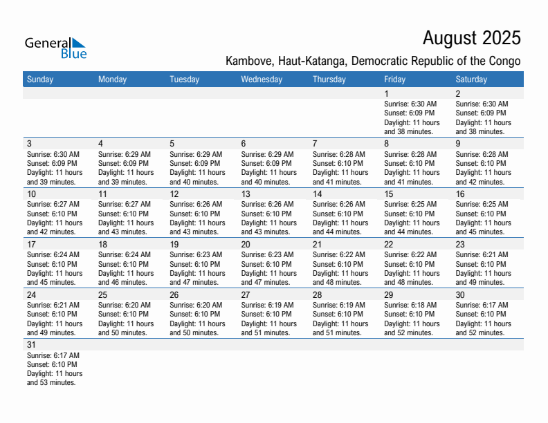 Kambove August 2025 sunrise and sunset calendar in PDF, Excel, and Word