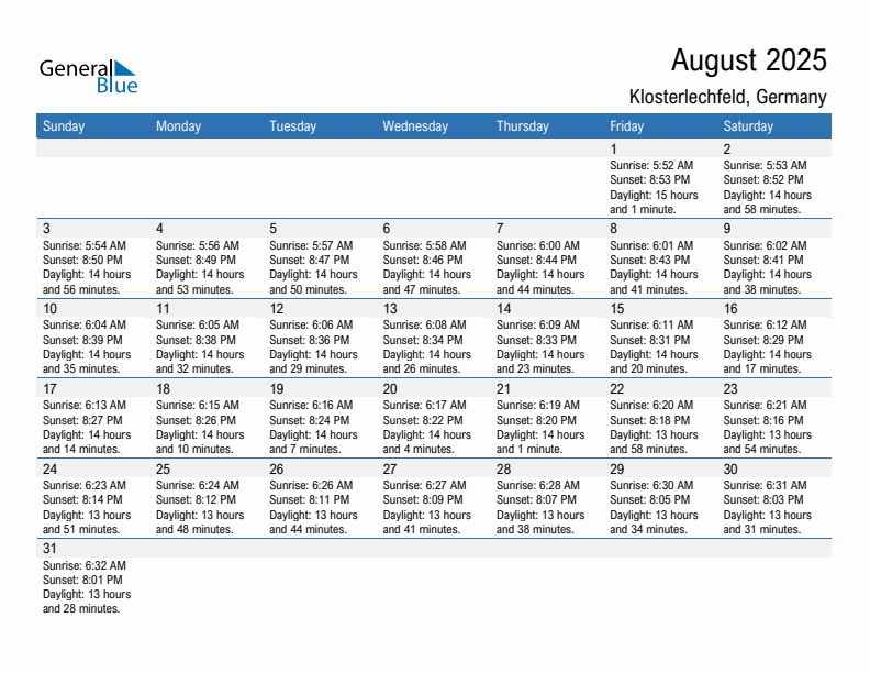 Klosterlechfeld August 2025 sunrise and sunset calendar in PDF, Excel, and Word