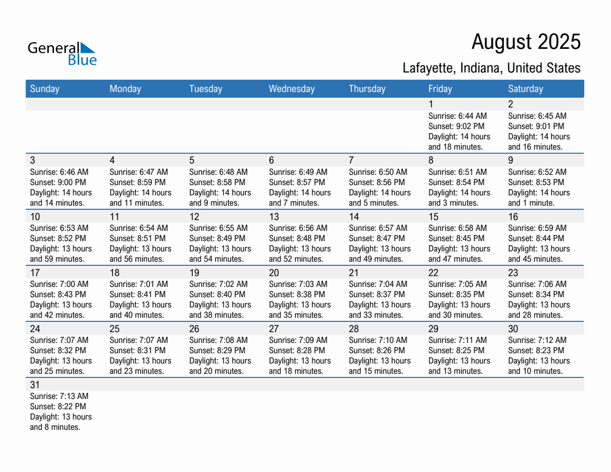 August 2025 Sunrise and Sunset Calendar for Lafayette (PDF, Excel, Word)