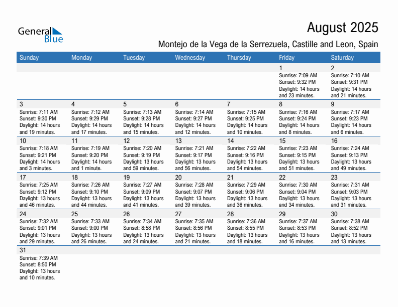 Montejo de la Vega de la Serrezuela August 2025 sunrise and sunset calendar in PDF, Excel, and Word