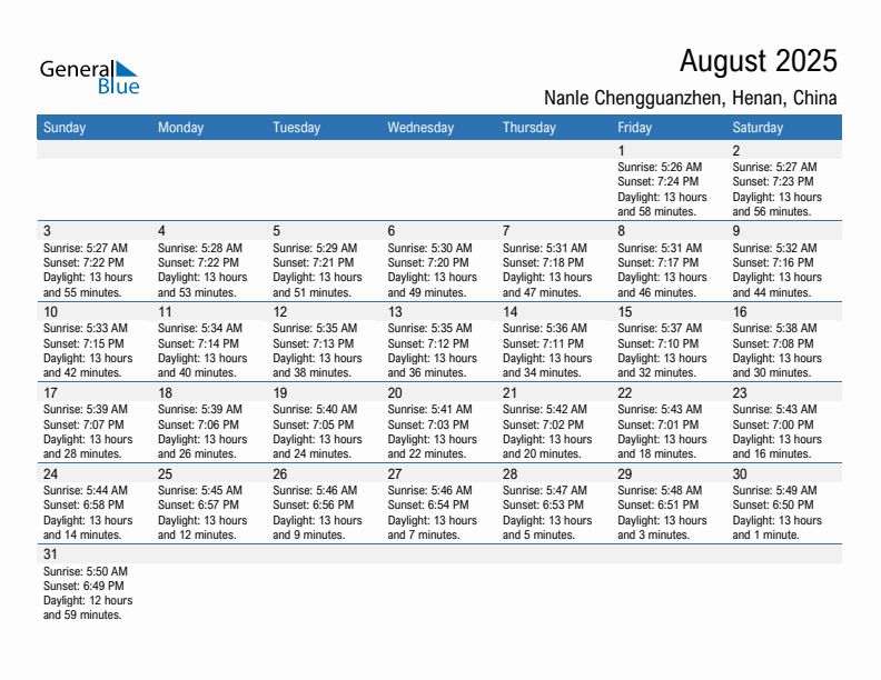 Nanle Chengguanzhen August 2025 sunrise and sunset calendar in PDF, Excel, and Word