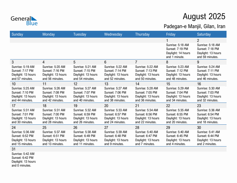 Padegan-e Manjil August 2025 sunrise and sunset calendar in PDF, Excel, and Word