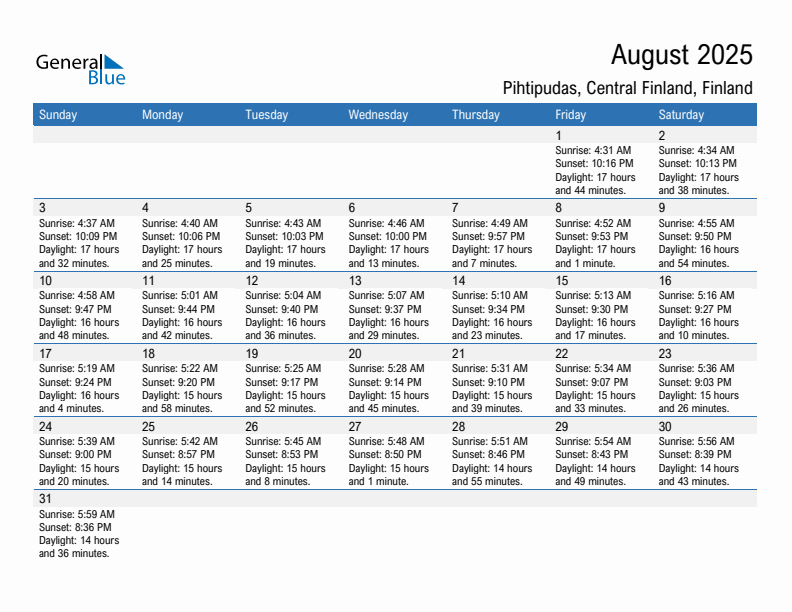 Pihtipudas August 2025 sunrise and sunset calendar in PDF, Excel, and Word