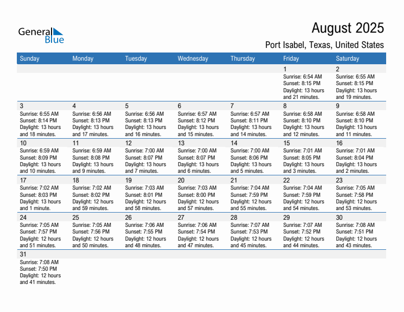 Port Isabel August 2025 sunrise and sunset calendar in PDF, Excel, and Word