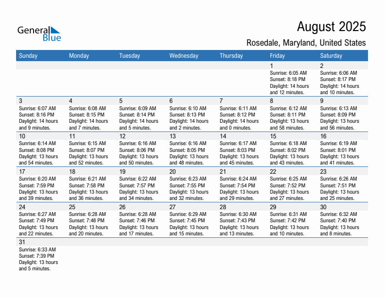 Rosedale August 2025 sunrise and sunset calendar in PDF, Excel, and Word