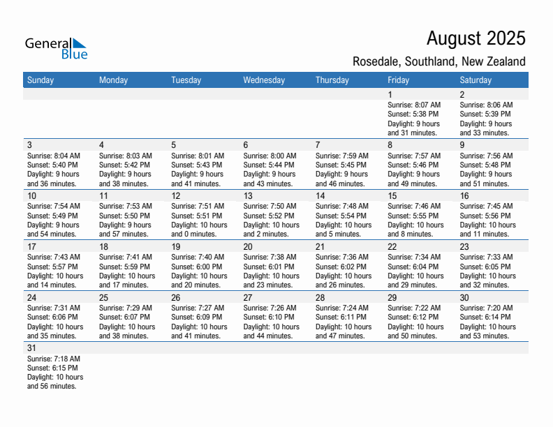 Rosedale August 2025 sunrise and sunset calendar in PDF, Excel, and Word