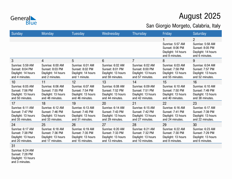 San Giorgio Morgeto August 2025 sunrise and sunset calendar in PDF, Excel, and Word