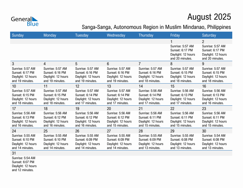 Sanga-Sanga August 2025 sunrise and sunset calendar in PDF, Excel, and Word