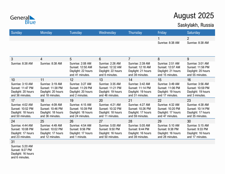 Saskylakh August 2025 sunrise and sunset calendar in PDF, Excel, and Word