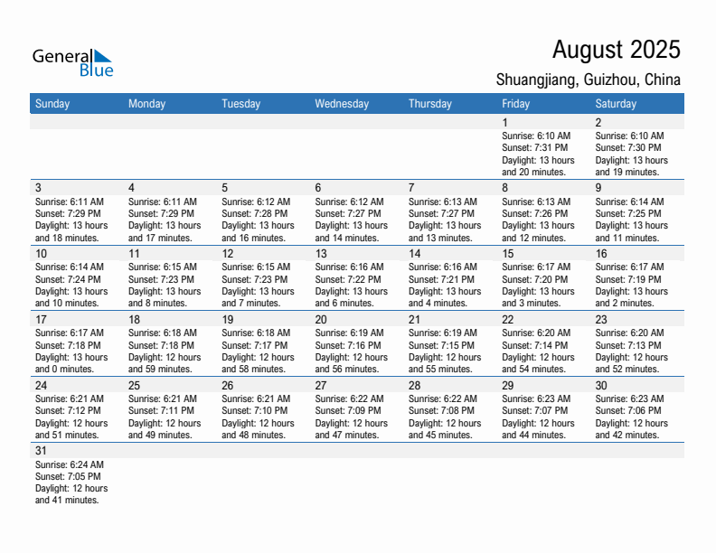 Shuangjiang August 2025 sunrise and sunset calendar in PDF, Excel, and Word