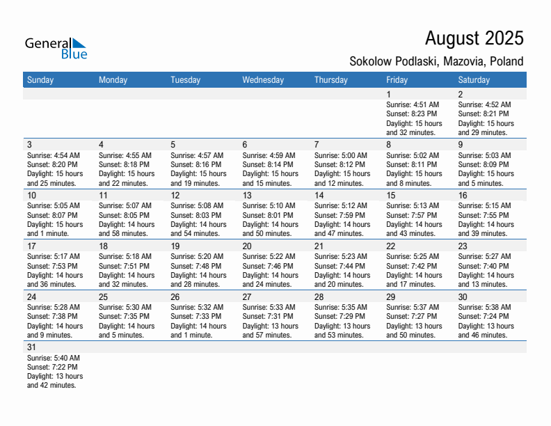 Sokolow Podlaski August 2025 sunrise and sunset calendar in PDF, Excel, and Word