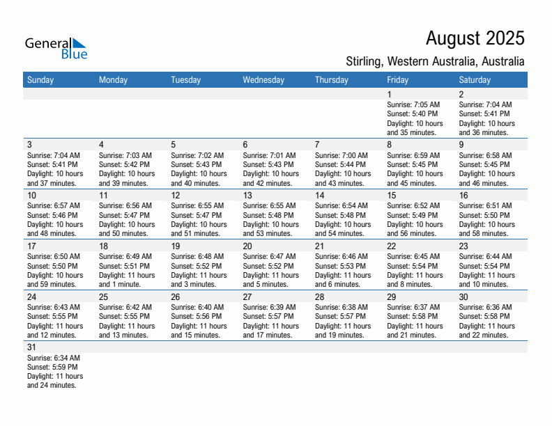 Stirling August 2025 sunrise and sunset calendar in PDF, Excel, and Word