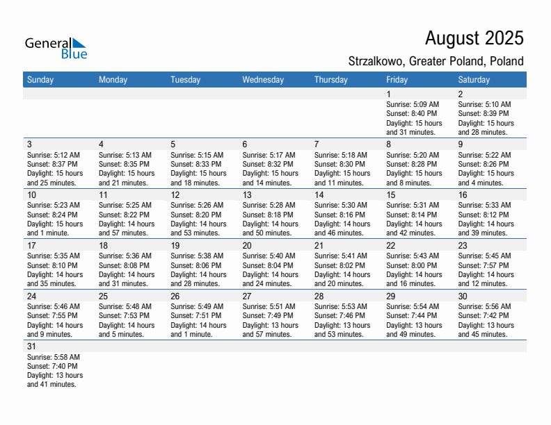 Strzalkowo August 2025 sunrise and sunset calendar in PDF, Excel, and Word