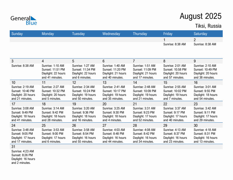 Tiksi August 2025 sunrise and sunset calendar in PDF, Excel, and Word