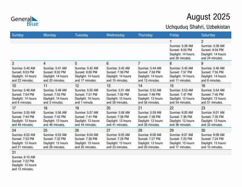 Uchquduq Shahri August 2025 sunrise and sunset calendar in PDF, Excel, and Word