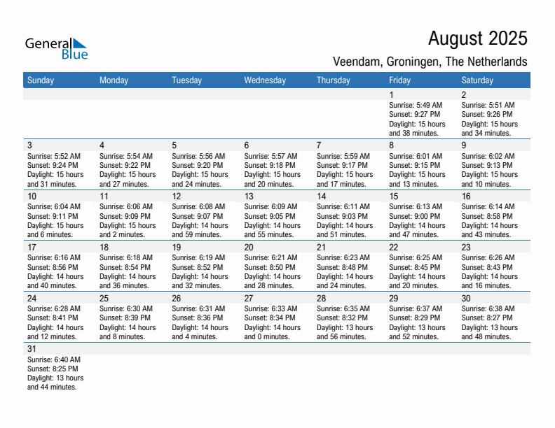 Veendam August 2025 sunrise and sunset calendar in PDF, Excel, and Word