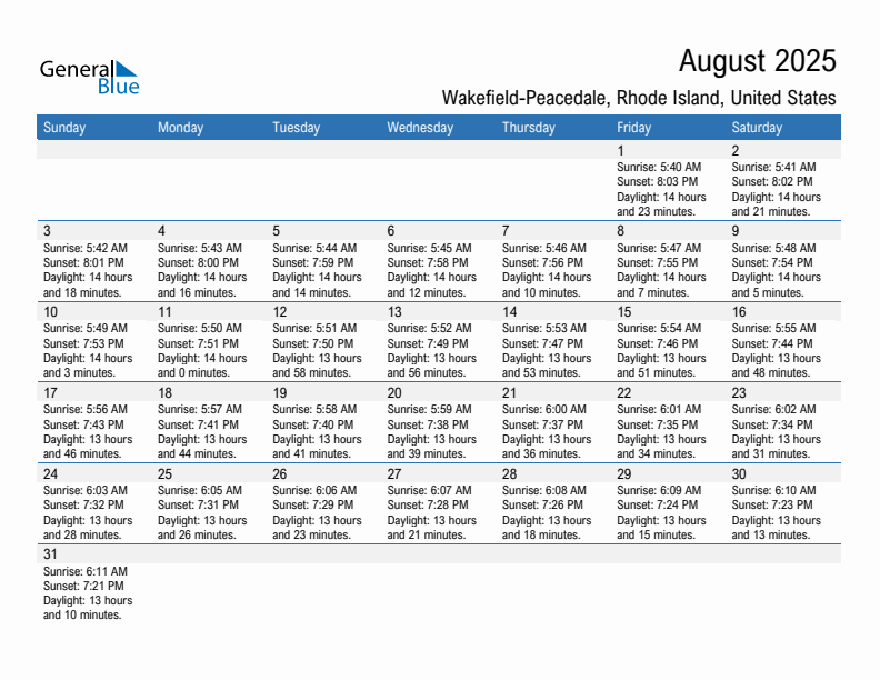 Wakefield-Peacedale August 2025 sunrise and sunset calendar in PDF, Excel, and Word