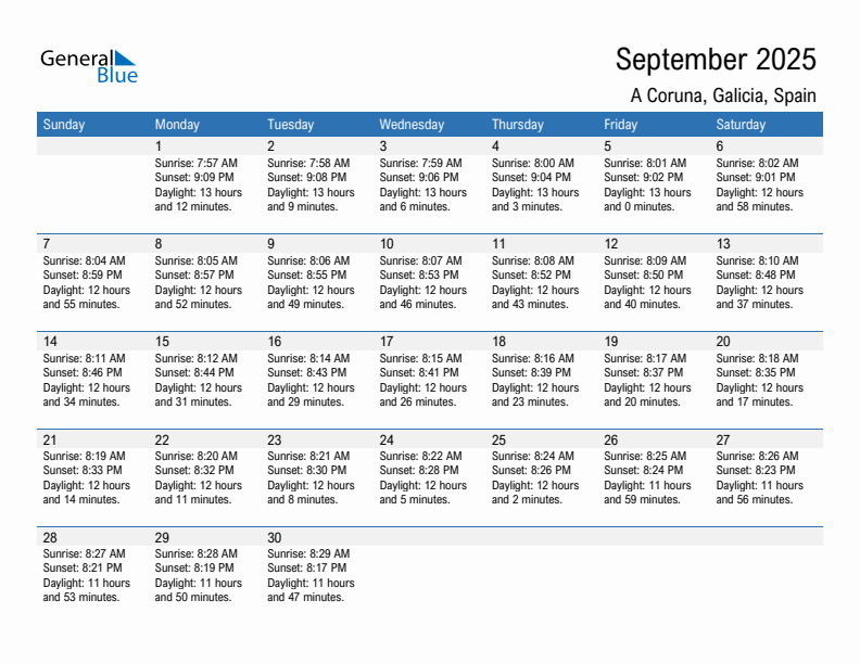 A Coruna September 2025 sunrise and sunset calendar in PDF, Excel, and Word