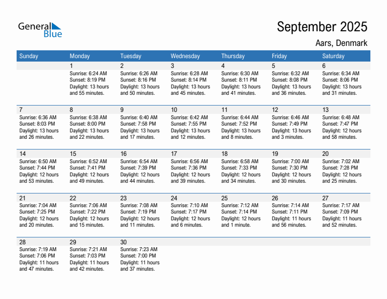 Aars September 2025 sunrise and sunset calendar in PDF, Excel, and Word