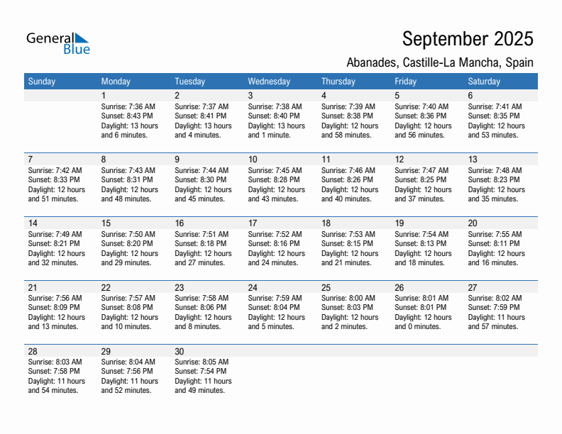 Abanades September 2025 sunrise and sunset calendar in PDF, Excel, and Word