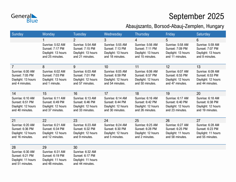 Abaujszanto September 2025 sunrise and sunset calendar in PDF, Excel, and Word