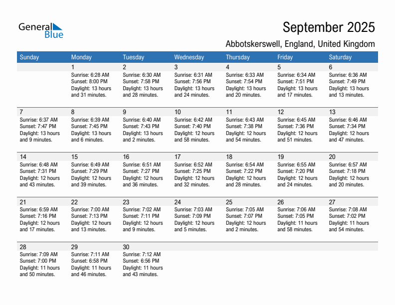 Abbotskerswell September 2025 sunrise and sunset calendar in PDF, Excel, and Word