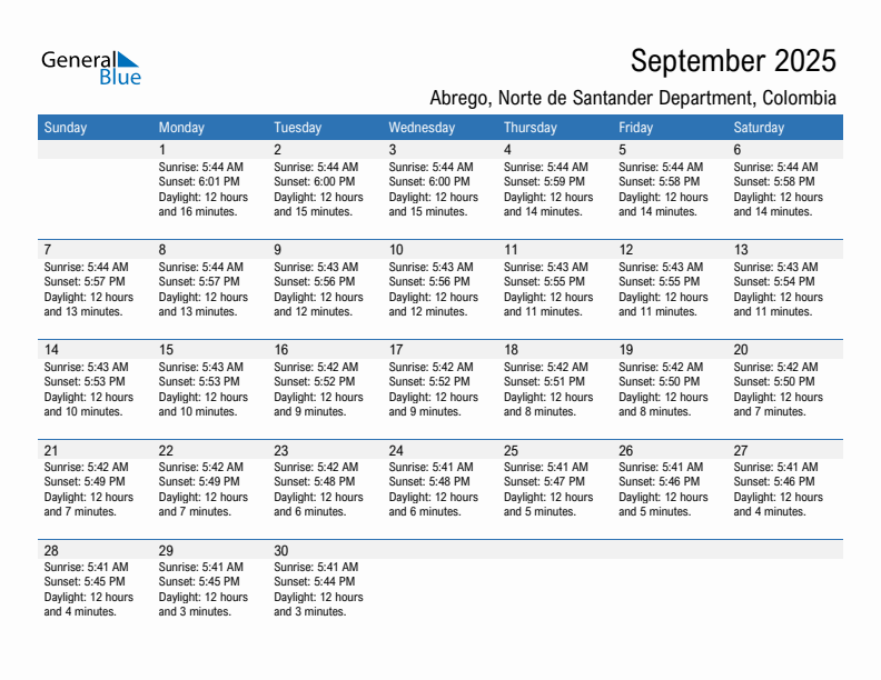 Abrego September 2025 sunrise and sunset calendar in PDF, Excel, and Word