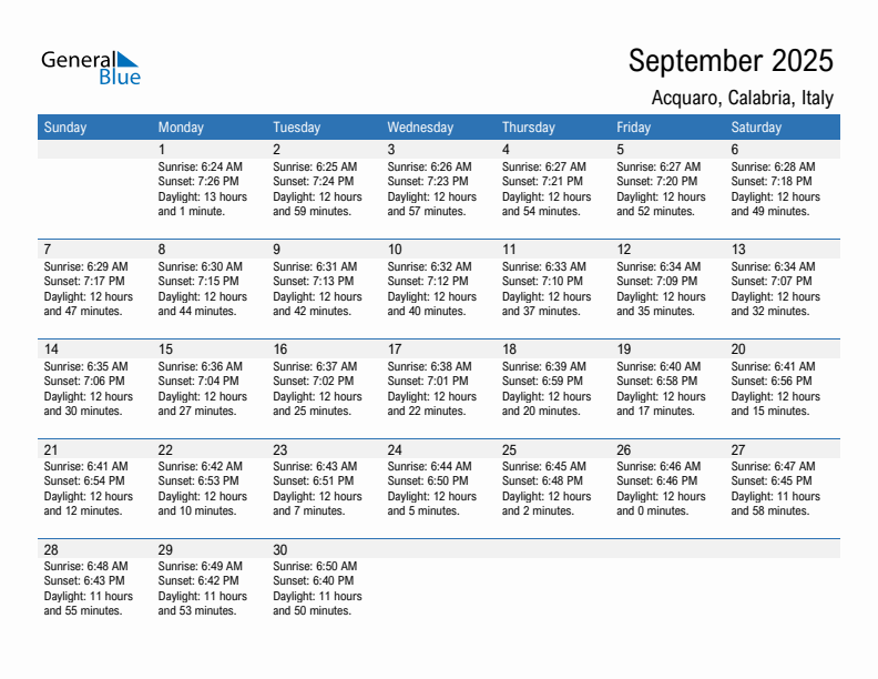 Acquaro September 2025 sunrise and sunset calendar in PDF, Excel, and Word