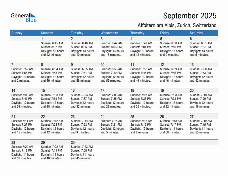 Affoltern am Albis September 2025 sunrise and sunset calendar in PDF, Excel, and Word