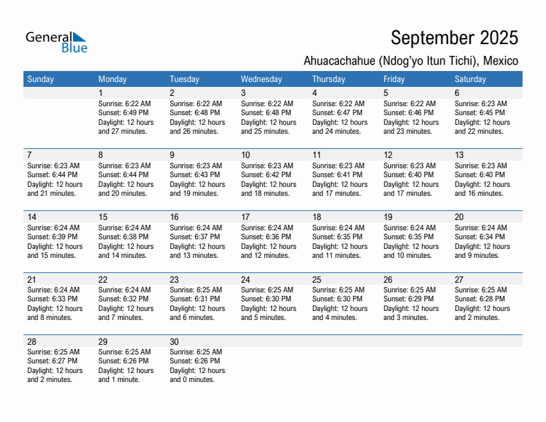 Ahuacachahue (Ndog'yo Itun Tichi) September 2025 sunrise and sunset calendar in PDF, Excel, and Word