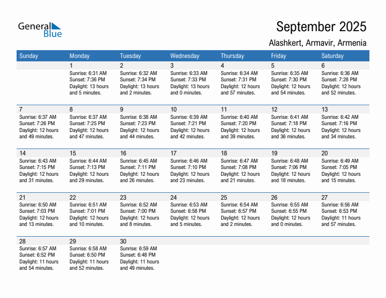 Alashkert September 2025 sunrise and sunset calendar in PDF, Excel, and Word