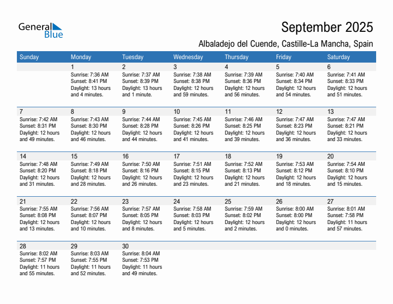 Albaladejo del Cuende September 2025 sunrise and sunset calendar in PDF, Excel, and Word