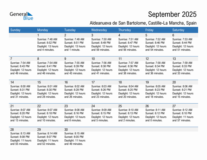 Aldeanueva de San Bartolome September 2025 sunrise and sunset calendar in PDF, Excel, and Word