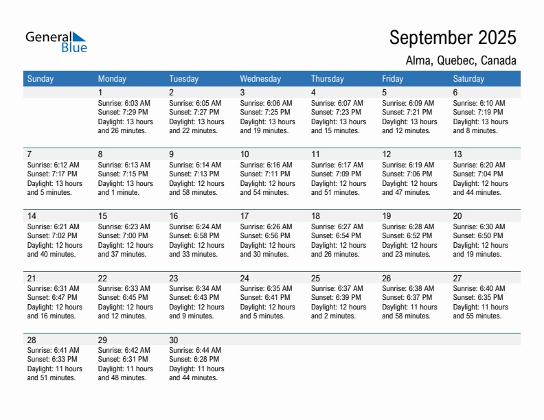 Alma September 2025 sunrise and sunset calendar in PDF, Excel, and Word