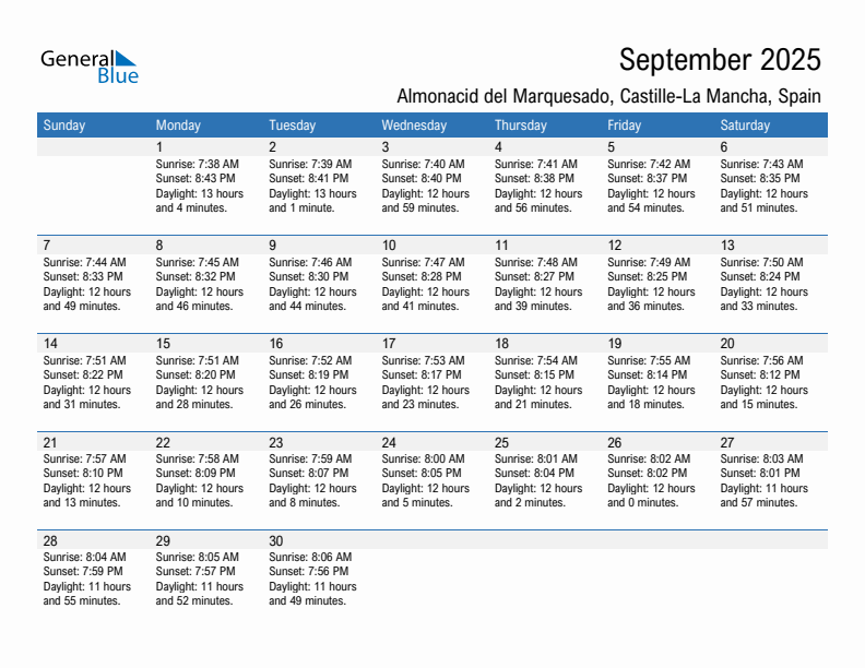 Almonacid del Marquesado September 2025 sunrise and sunset calendar in PDF, Excel, and Word