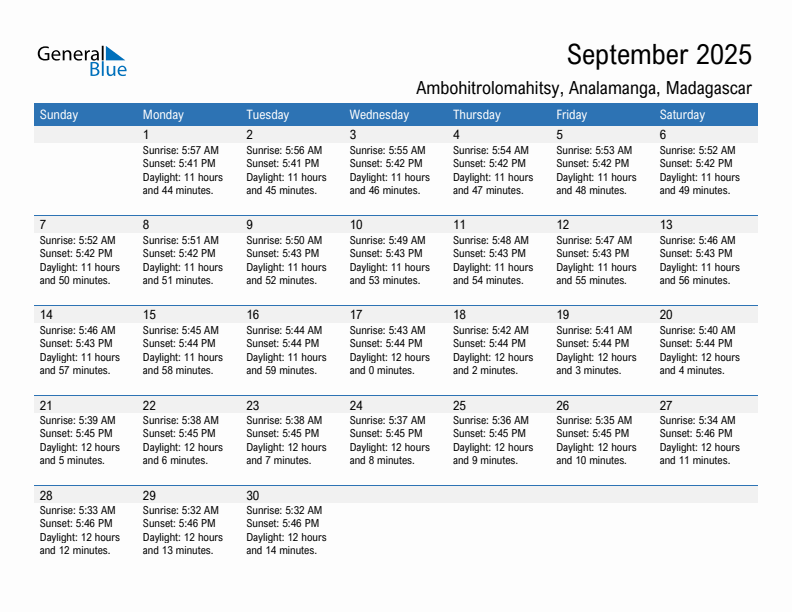 Ambohitrolomahitsy September 2025 sunrise and sunset calendar in PDF, Excel, and Word