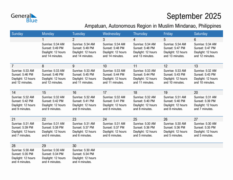 Ampatuan September 2025 sunrise and sunset calendar in PDF, Excel, and Word