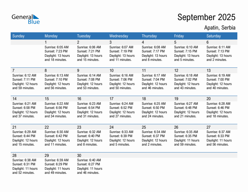 Apatin September 2025 sunrise and sunset calendar in PDF, Excel, and Word