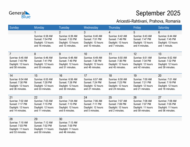 Aricestii-Rahtivani September 2025 sunrise and sunset calendar in PDF, Excel, and Word