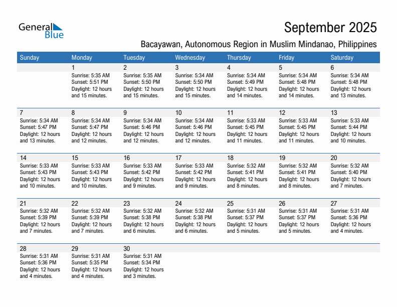 Bacayawan September 2025 sunrise and sunset calendar in PDF, Excel, and Word