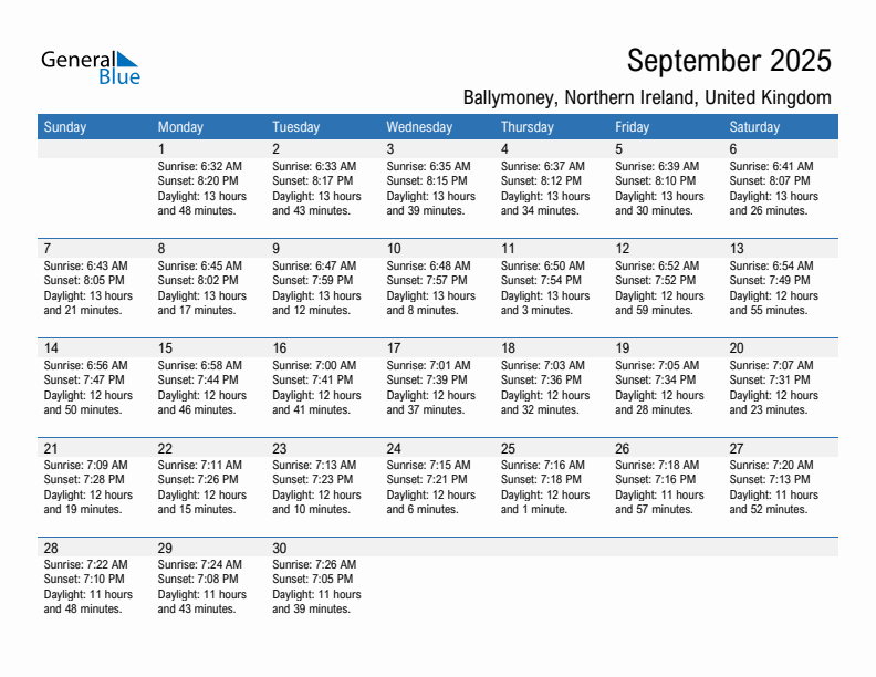 Ballymoney September 2025 sunrise and sunset calendar in PDF, Excel, and Word