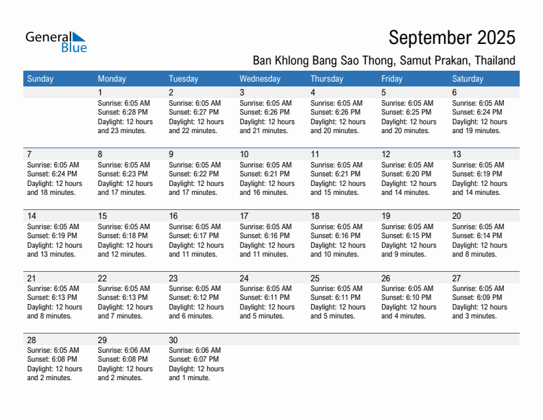 Ban Khlong Bang Sao Thong September 2025 sunrise and sunset calendar in PDF, Excel, and Word