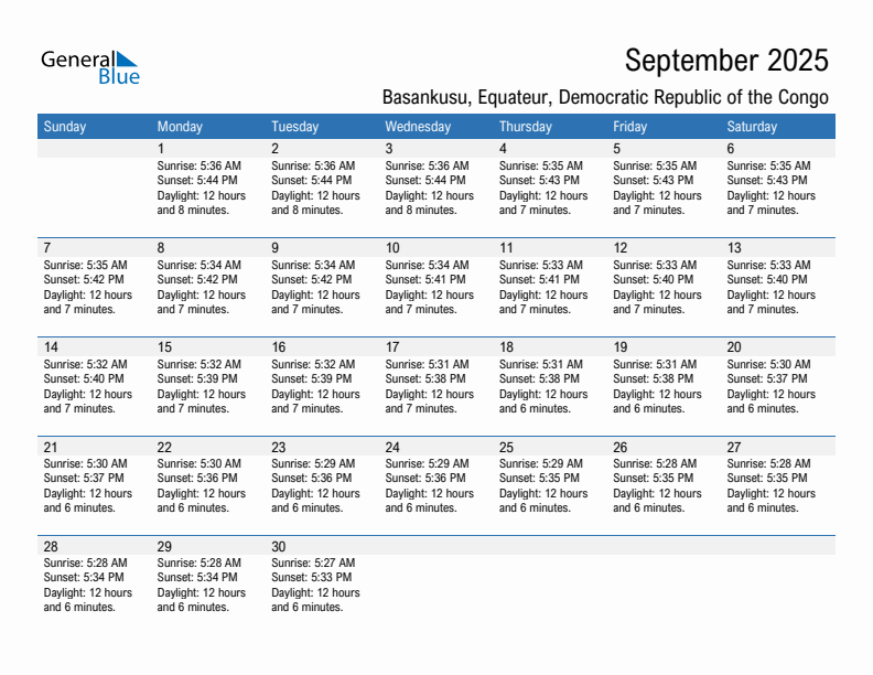 Basankusu September 2025 sunrise and sunset calendar in PDF, Excel, and Word