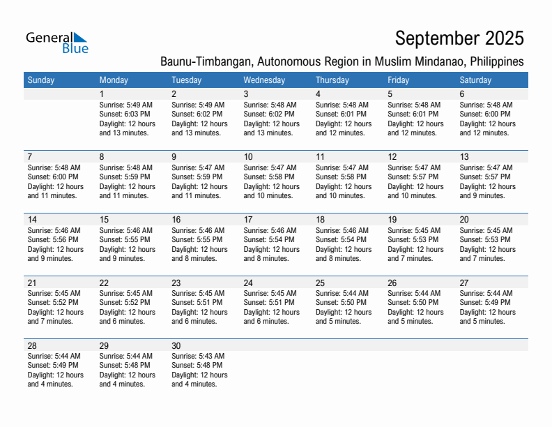 Baunu-Timbangan September 2025 sunrise and sunset calendar in PDF, Excel, and Word