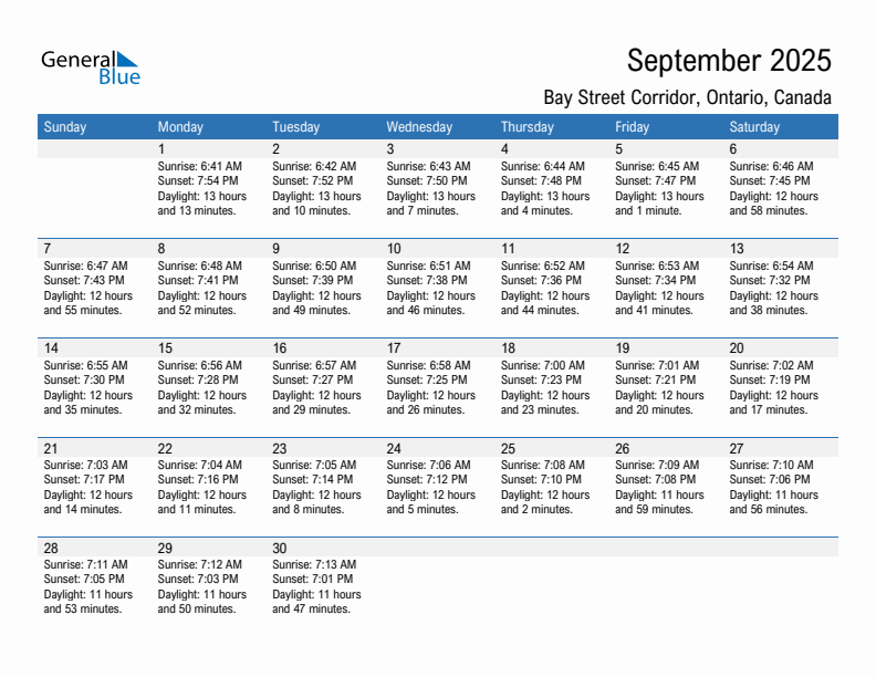 Bay Street Corridor September 2025 sunrise and sunset calendar in PDF, Excel, and Word