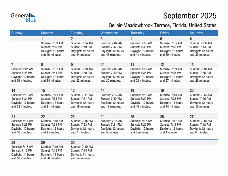 Bellair-Meadowbrook Terrace September 2025 sunrise and sunset calendar in PDF, Excel, and Word