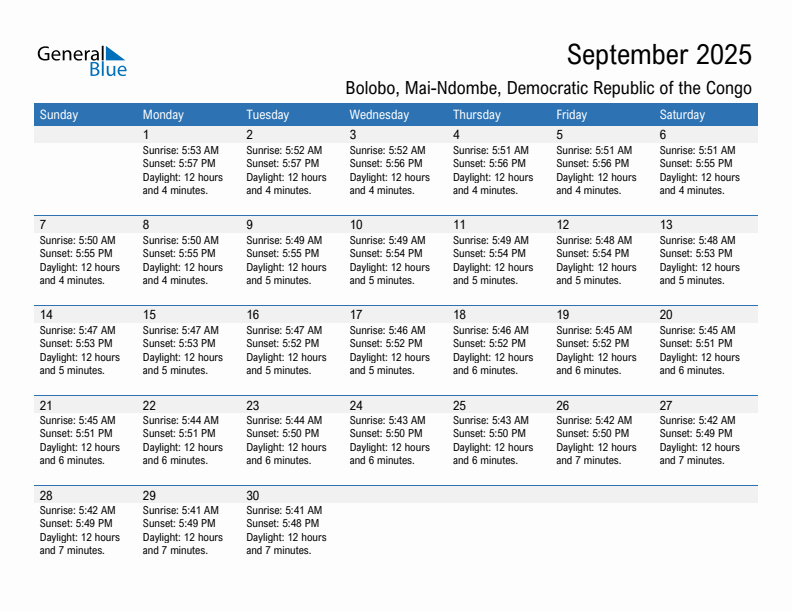 Bolobo September 2025 sunrise and sunset calendar in PDF, Excel, and Word