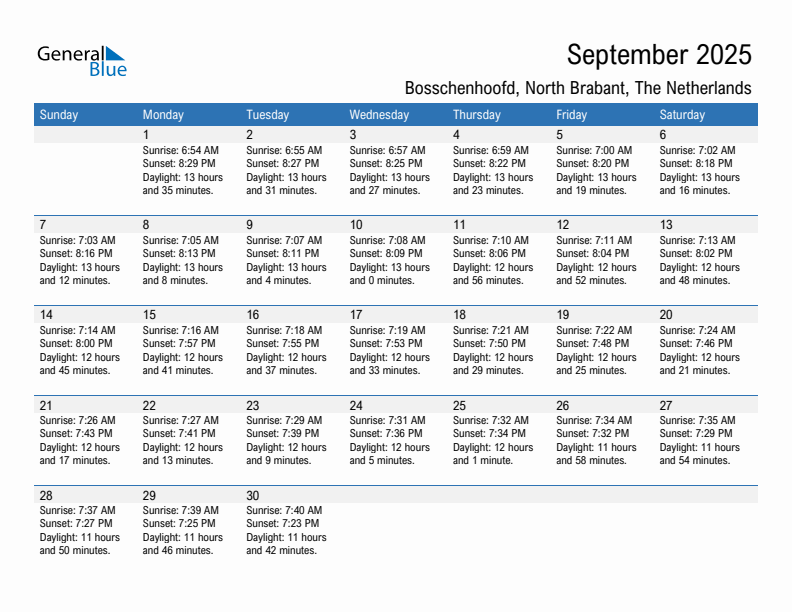 Bosschenhoofd September 2025 sunrise and sunset calendar in PDF, Excel, and Word