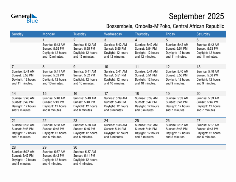 Bossembele September 2025 sunrise and sunset calendar in PDF, Excel, and Word